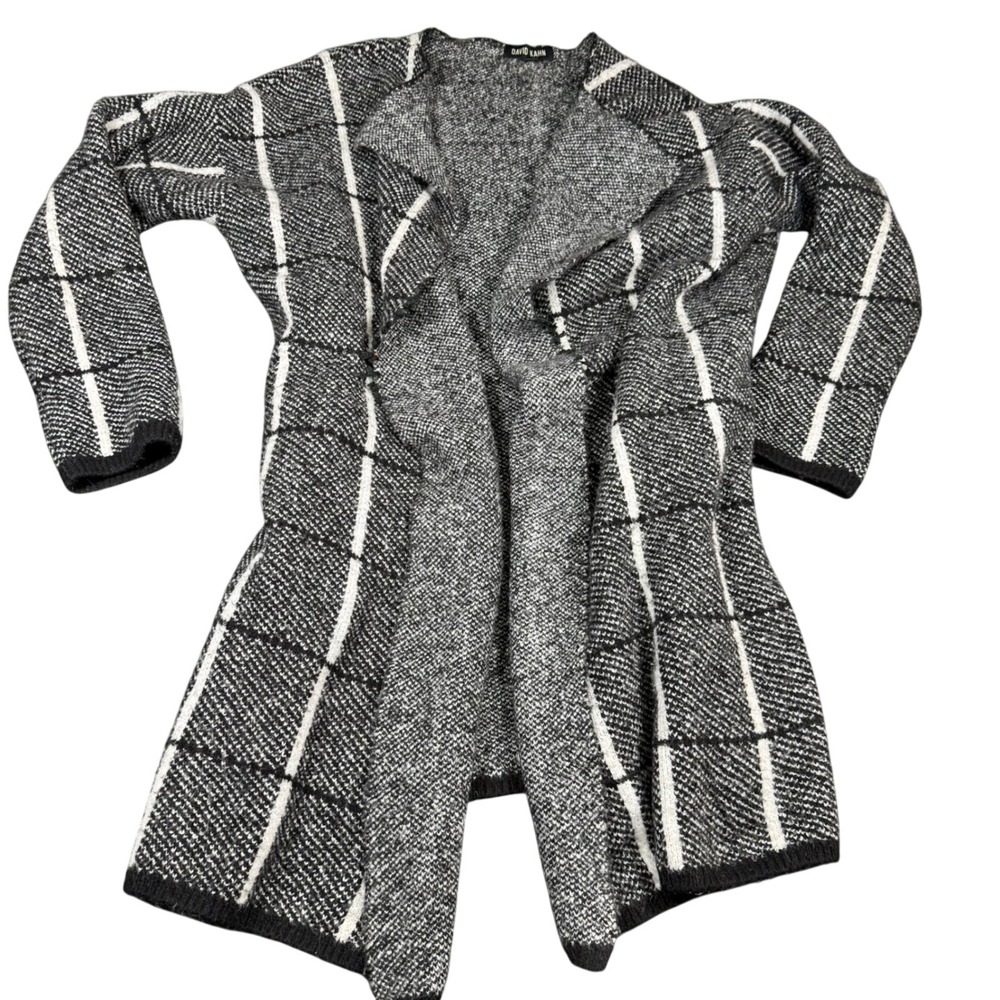 David Kahn Black White Plaid Open‎ Front Knit Cardigan Sweater Womens L